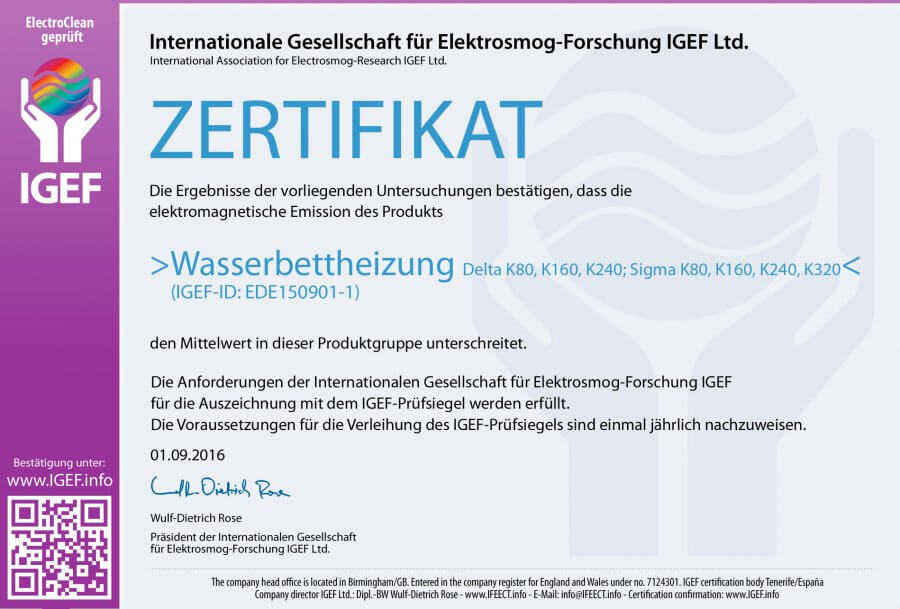 Wasserbettheizung Sigma-K Electroclean-Siegel Zertifikat Internationale Gesellschaft für Elektrosmog-Forschung IGEF Ltd.