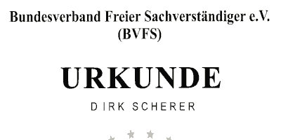 Urkunde Sachverständiger orthopädische Schlafsysteme Dirk Scherer